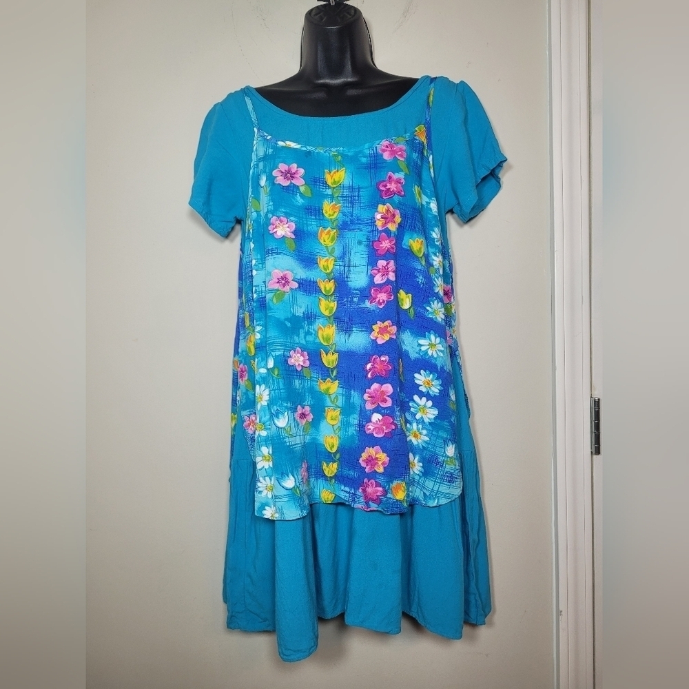 Vintage Jams World Water Daisy Turquoise Floral Boho Lagenlook Hawaiian Mini